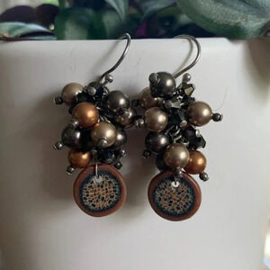 Handmade Freshwater Pearl Earrings, Swarovski Crystals, Millefiori Mosaic Design